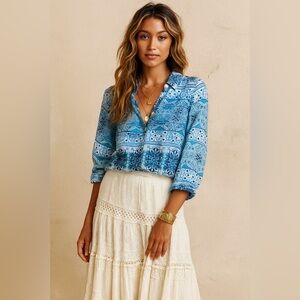 Charter Club Luxury Linen Button Down Long Sleeve Top Blue Large Petite